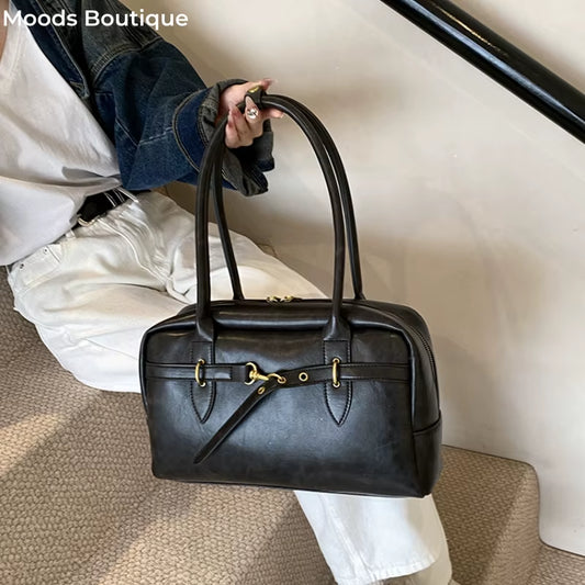 MOODS Square Shoulder Bags for Women Retro Small Boston Bag Pure Color PU Leather Large Capacity Totes 2024 Latest Trend Handbag