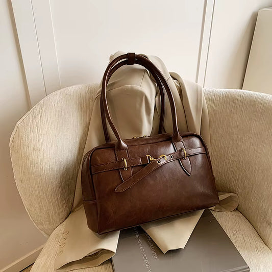 MOODS Square Shoulder Bags for Women Retro Small Boston Bag Pure Color PU Leather Large Capacity Totes 2024 Latest Trend Handbag